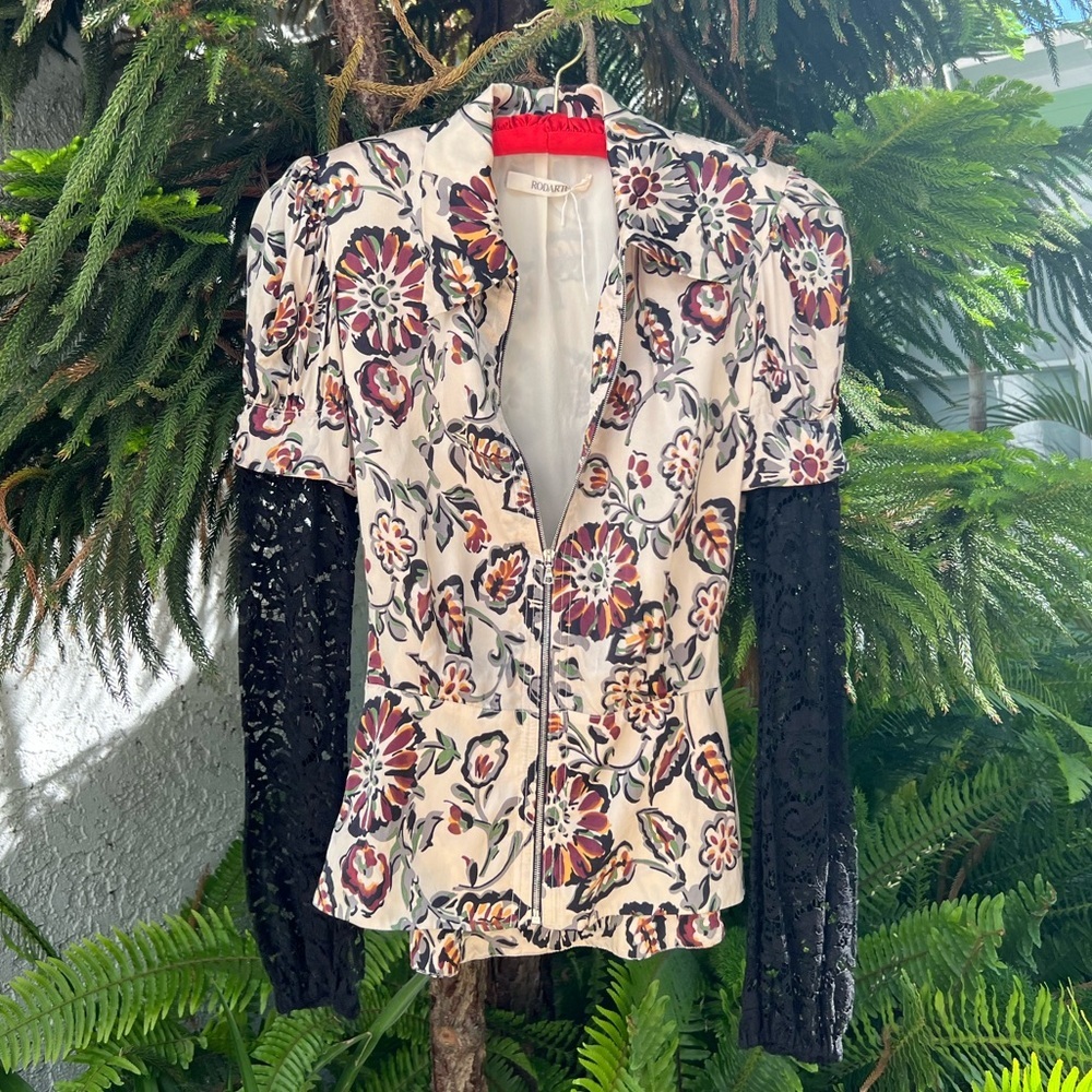 Rodarte White and Burgundy Floral Print Silk Charmeuse Blouse with Collar | FW16
